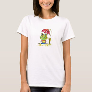 Cute Whimsical Green Frog Under a Red Flower T-Shirt