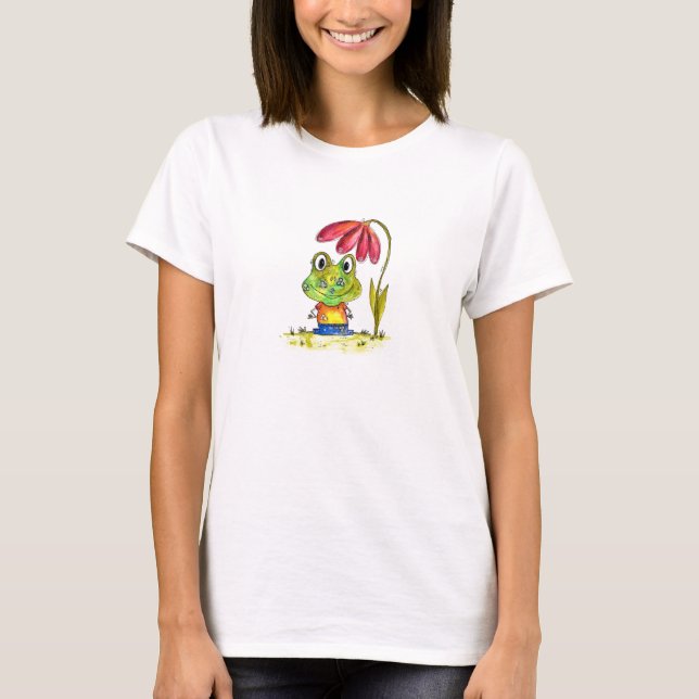 Cute Whimsical Green Frog Under a Red Flower T-Shirt (Front)