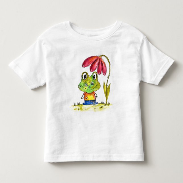 Cute Whimsical Green Frog Under a Red Flower Toddler T-Shirt (Front)