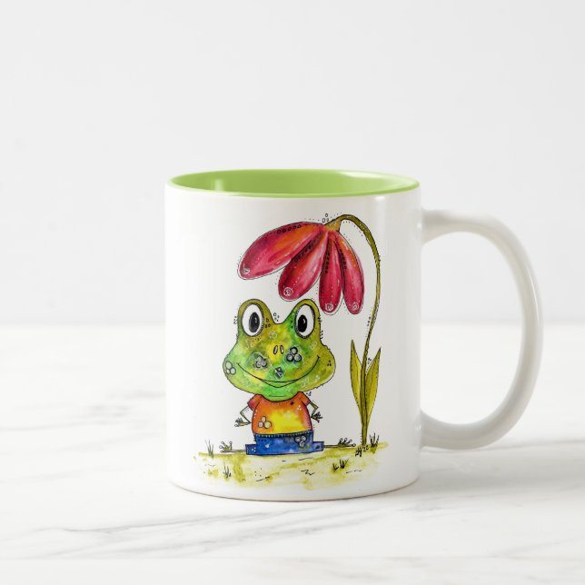 Cute Whimsical Green Frog Under a Red Flower Two-Tone Coffee Mug (Right)