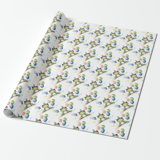 Cute Whimsical green frog with balloons Wrapping Paper (Unrolled)