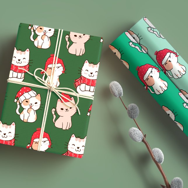 Cute Whimsical Green & Red Cartoon Cat Christmas Wrapping Paper Sheet (Creator Uploaded)