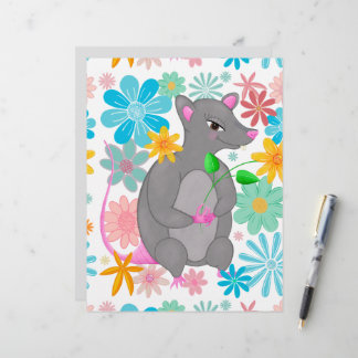 Cute whimsical grey rat pastel flowers