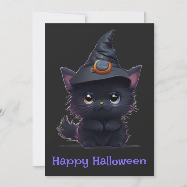 Cute whimsical Halloween black cat Invitation (Front)