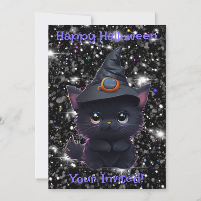 Cute whimsical Halloween black cat Invitation (Front)