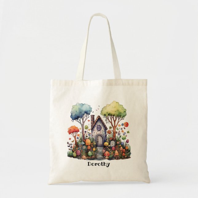 Cute Whimsical Halloween Forest House Mushrooms Tote Bag (Front)