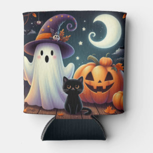 Cute, whimsical Halloween pumpkin, cat, & ghost Can Cooler