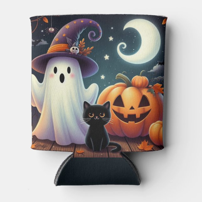 Cute, whimsical Halloween pumpkin, cat, & ghost Can Cooler (Front)