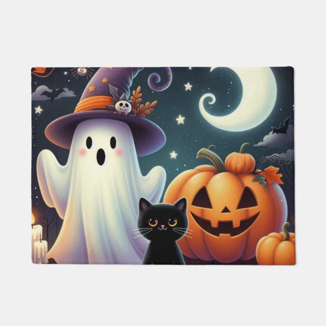 Cute, whimsical Halloween pumpkin, cat, & ghost Doormat (Front)