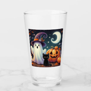 Cute, whimsical Halloween pumpkin, cat, & ghost Glass