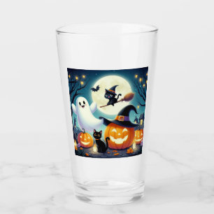 Cute, whimsical Halloween pumpkin, cat, & ghost Glass
