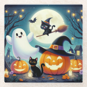 Cute, whimsical Halloween pumpkin, cat, & ghost Glass Coaster