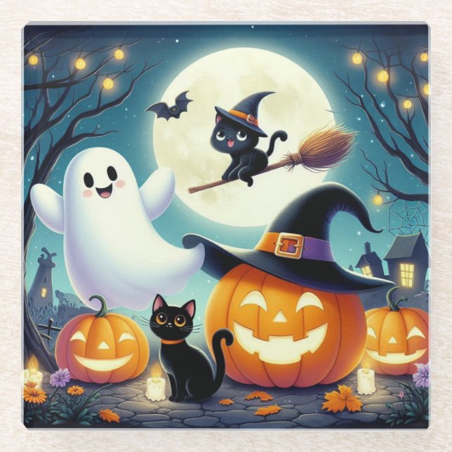 Cute, whimsical Halloween pumpkin, cat, & ghost Glass Coaster (Front)
