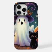 Cute, whimsical Halloween pumpkin, cat, & ghost