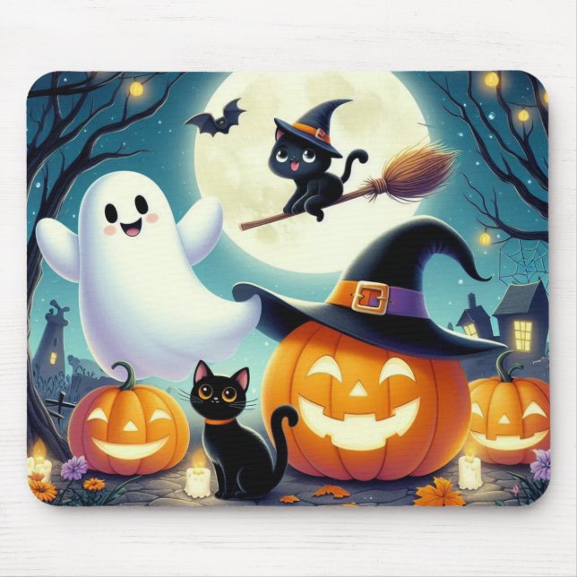 Cute, whimsical Halloween pumpkin, cat, & ghost Mouse Pad (Front)