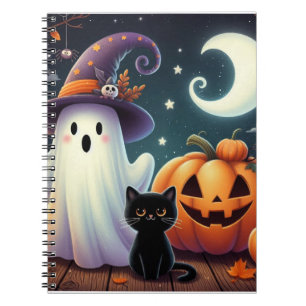 Cute, whimsical Halloween pumpkin, cat, & ghost Notebook