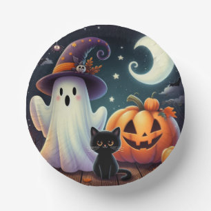 Cute, whimsical Halloween pumpkin, cat, & ghost Paper Plate
