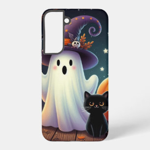 Cute, whimsical Halloween pumpkin, cat, & ghost Samsung Galaxy Case