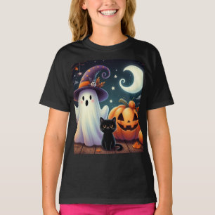 Cute, whimsical Halloween pumpkin, cat, & ghost T-Shirt