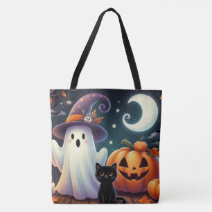 Cute, whimsical Halloween pumpkin, cat, & ghost Tote Bag