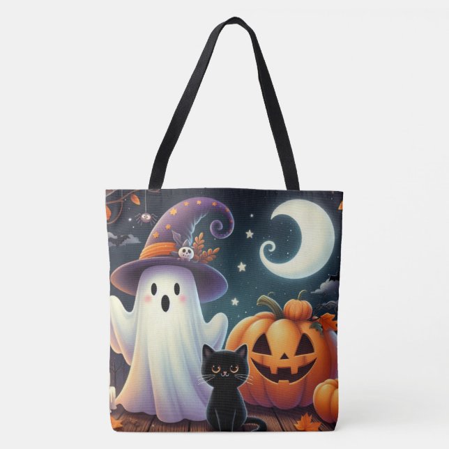 Cute, whimsical Halloween pumpkin, cat, & ghost Tote Bag (Front)