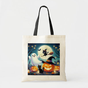 Cute, whimsical Halloween pumpkin, cat, & ghost Tote Bag