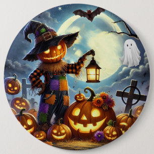 Cute, Whimsical Halloween scarecrow & pumpkins 6 Cm Round Badge