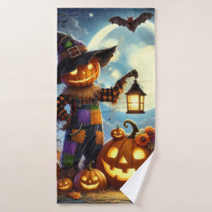 Cute, Whimsical Halloween scarecrow & pumpkins Bath Towel