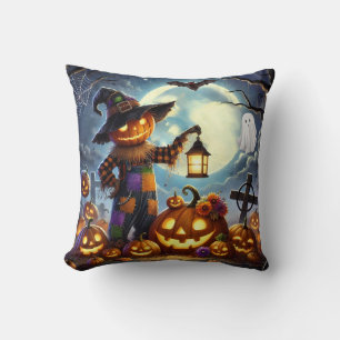 Cute, Whimsical Halloween scarecrow & pumpkins Cushion