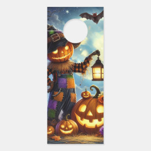 Cute, Whimsical Halloween scarecrow & pumpkins Door Hanger