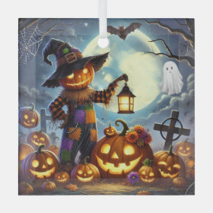 Cute, Whimsical Halloween scarecrow & pumpkins Glass Tree Decoration