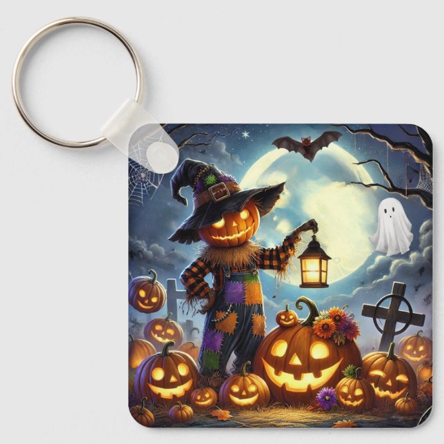 Cute, Whimsical Halloween scarecrow & pumpkins Key Ring (Front)