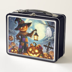 Cute, Whimsical Halloween scarecrow & pumpkins Metal Lunch Box