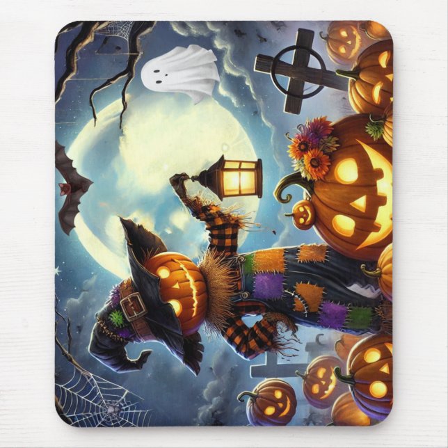 Cute, Whimsical Halloween scarecrow & pumpkins Mouse Pad (Front)
