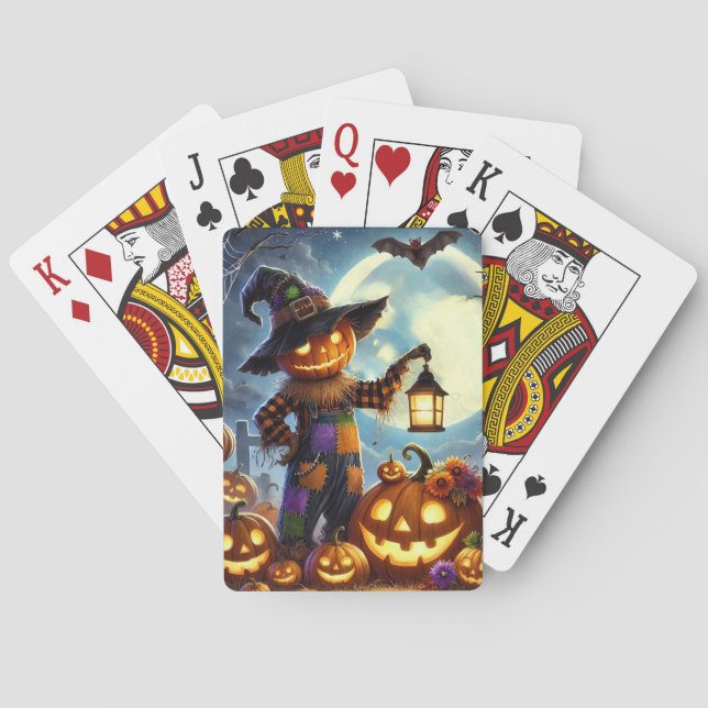 Cute, Whimsical Halloween scarecrow & pumpkins Playing Cards (Back)
