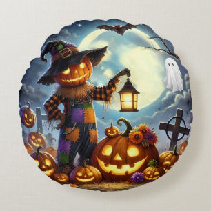 Cute, Whimsical Halloween scarecrow & pumpkins Round Cushion