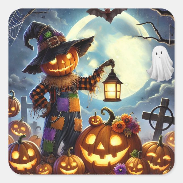 Cute, Whimsical Halloween scarecrow & pumpkins Square Sticker (Front)