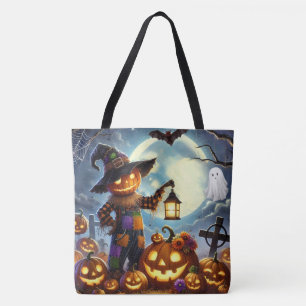 Cute, Whimsical Halloween scarecrow & pumpkins Tote Bag
