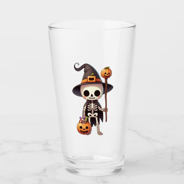Cute, Whimsical Halloween skeleton Glass (Front)