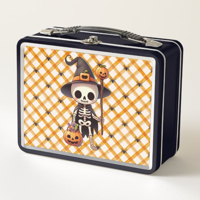 Cute, Whimsical Halloween skeleton Metal Lunch Box (Front)