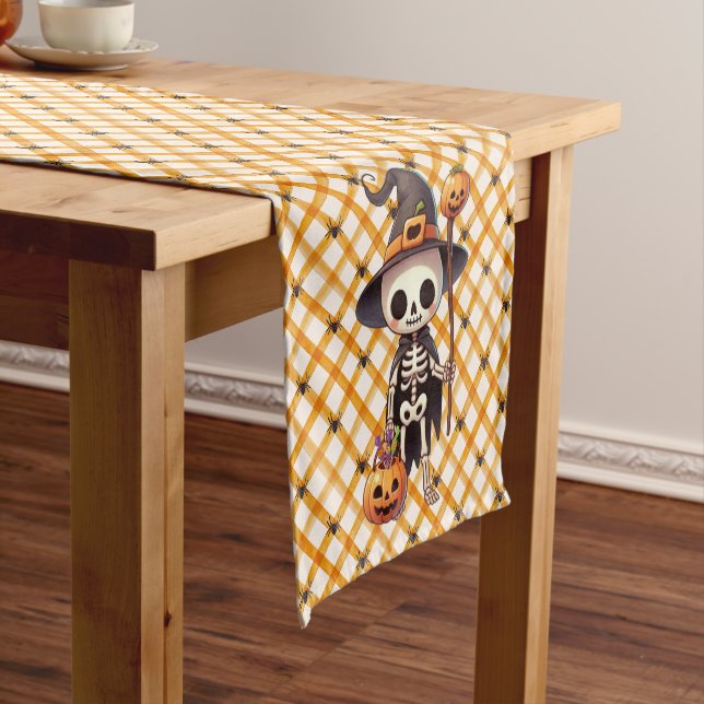 Cute, Whimsical Halloween skeleton Short Table Runner (In Situ)