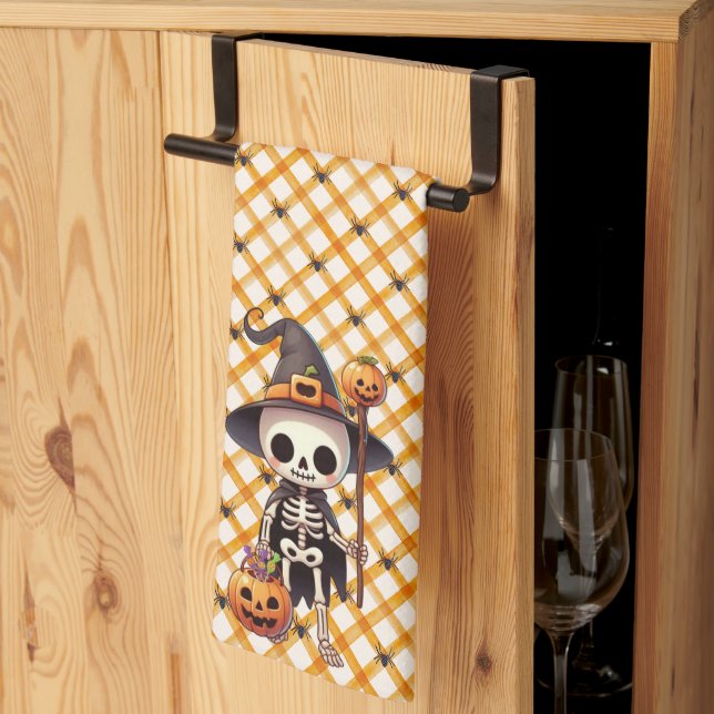 Cute, Whimsical Halloween skeleton Tea Towel (Thirds Fold)