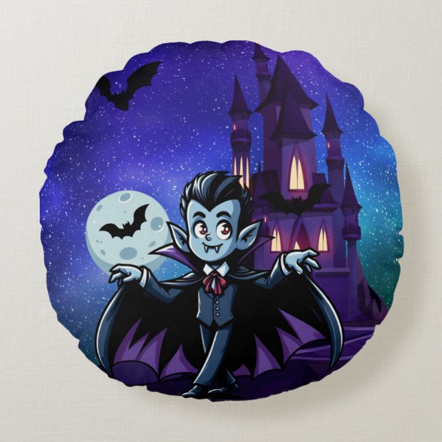 Cute, whimsical Halloween vampire Round Cushion (Front)