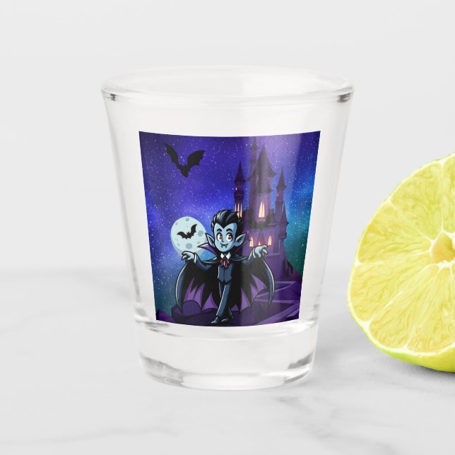 Cute, whimsical Halloween vampire Shot Glass (Front)