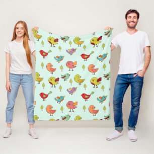 Cute Whimsical Hand-Drawn Birds Pattern Fleece Blanket