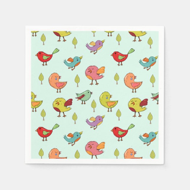 Cute Whimsical Hand-Drawn Birds Pattern Napkin (Front)