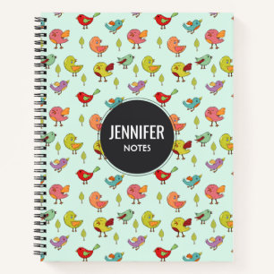 Cute Whimsical Hand-Drawn Birds Pattern Notebook