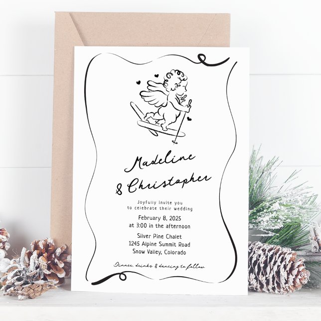 Cute Whimsical Hand Drawn Cupid Ski Winter Wedding Invitation (Creator Uploaded)