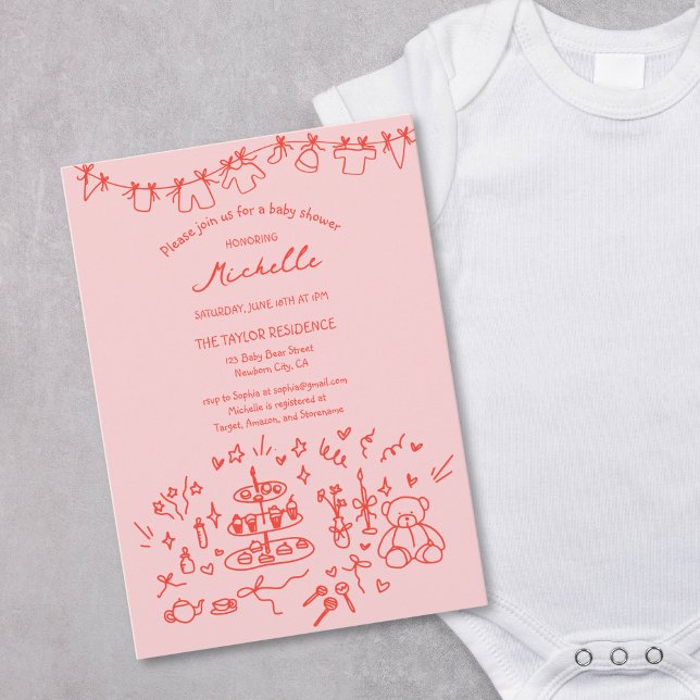 Cute Whimsical Hand Drawn Pink Red Baby Shower Invitation (red and pink hand drawn quirky doodle for baby shower)