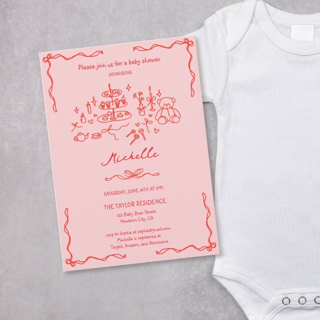 Cute Whimsical Hand Drawn Red Pink Baby Shower Invitation (whimsical hand drawn baby shower invitation in red and pink )